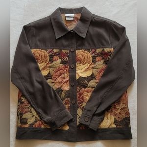 90s Button Down Tapestry Shirt Jacket Olive Green Floral Print Tapestry Jacquard